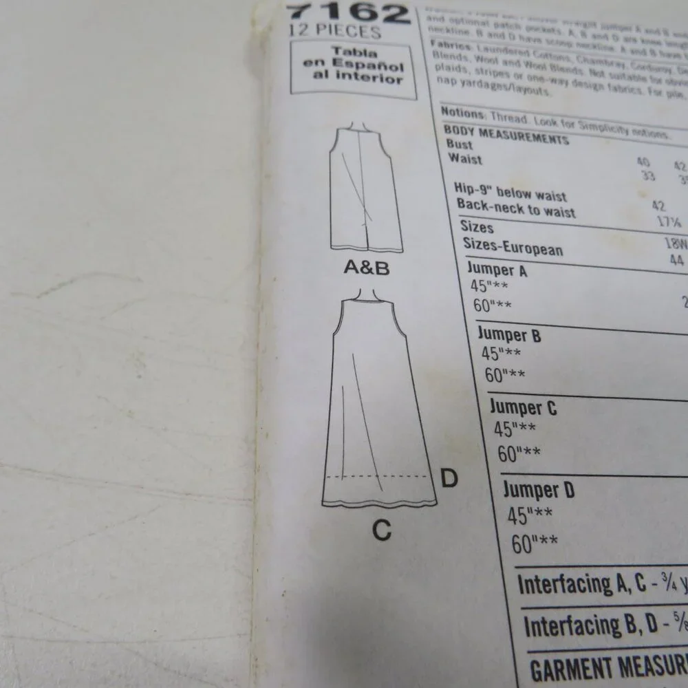Simplicity 7162 Clothing Pattern Jumper UNCUT EASY (by Mary Duffy) 18W - 24W